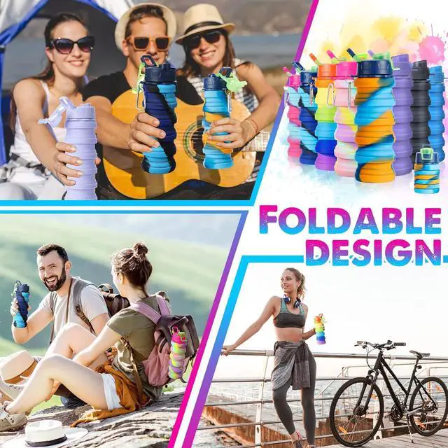 Alt view image 2 of 7 - 8 Pcs Collapsible Water Bottles Silicone Travel 16 oz Reusable Leakproof Foldable Water Bottles with Clip for Camping Hiking Cycling Travel Gym Yoga Outdoor Sports