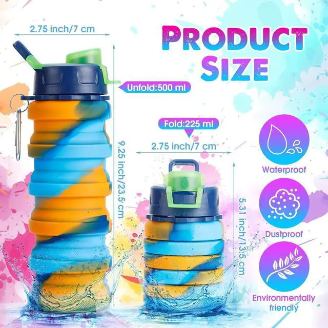 Alt view image 3 of 7 - 8 Pcs Collapsible Water Bottles Silicone Travel 16 oz Reusable Leakproof Foldable Water Bottles with Clip for Camping Hiking Cycling Travel Gym Yoga Outdoor Sports