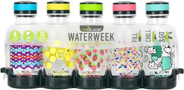 Alt view image 2 of 7 - REDUCE WaterWeek Refillable Water Bottles, 14 oz - Includes 5 WaterWeek Leak Proof Tritan Reusable Water Bottles - Includes Fridge Tray - Berry Fun