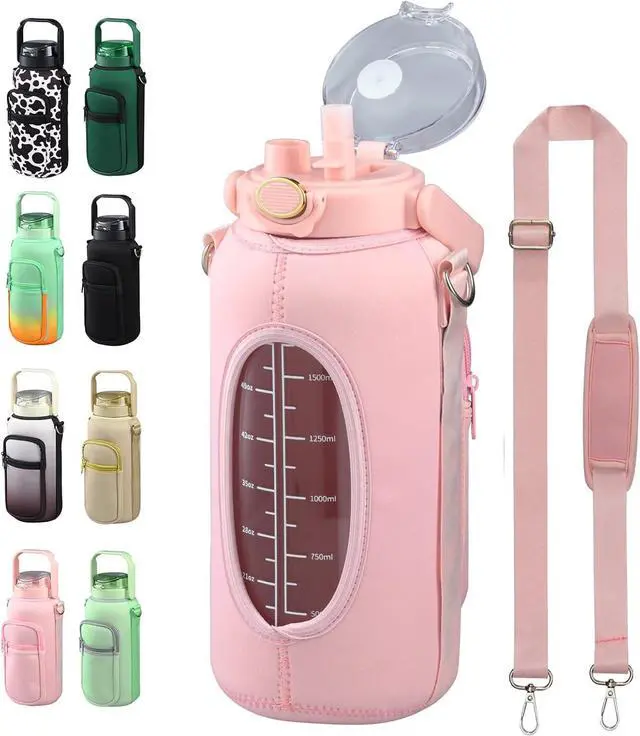 Main image of Half Gallon 64oz Glass Water Bottle with Straw and Storage Sleeve Motivational Water Bottle with Strap and Time to Drink 2L Leakproof Reusable Water Jug for Fitness Gym and Outdoors