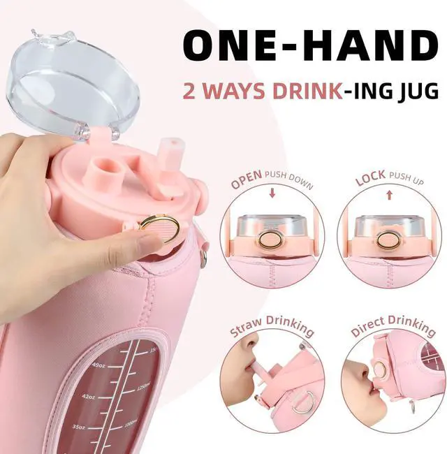 Alt view image 2 of 6 - Half Gallon 64oz Glass Water Bottle with Straw and Storage Sleeve Motivational Water Bottle with Strap and Time to Drink 2L Leakproof Reusable Water Jug for Fitness Gym and Outdoors