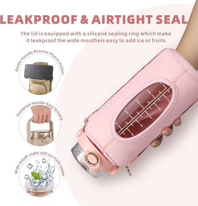 Alt view image 3 of 6 - Half Gallon 64oz Glass Water Bottle with Straw and Storage Sleeve Motivational Water Bottle with Strap and Time to Drink 2L Leakproof Reusable Water Jug for Fitness Gym and Outdoors