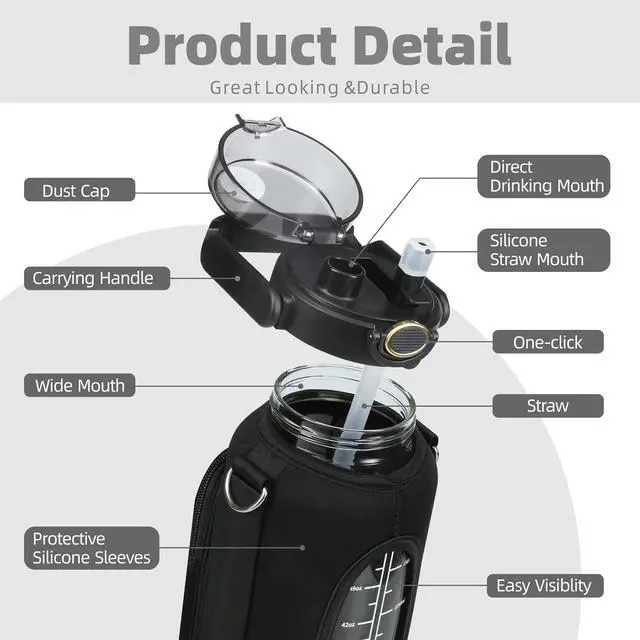 Alt view image 5 of 6 - Half Gallon 64oz Glass Water Bottle with Straw and Storage Sleeve Motivational Water Bottle with Strap and Time to Drink 2L Leakproof Reusable Water Jug for Fitness Gym and Outdoors