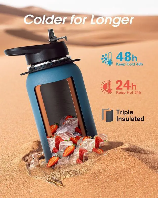 Alt view image 2 of 7 - Coolflask Insulated Water Bottle with Strap, 40 oz Metal Water Flask with Straw & Spout Lids, Stainless Steel Double Wall Vacuum, Keep Cold 48h Hot 24h, Leak Proof & Non-BPA, Prussian Blue