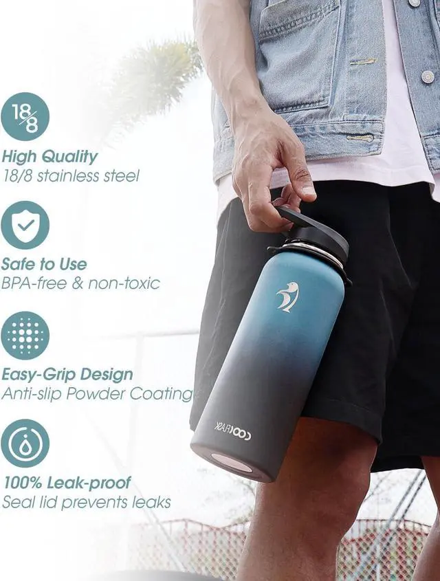 Alt view image 3 of 7 - Coolflask Insulated Water Bottle with Strap, 40 oz Metal Water Flask with Straw & Spout Lids, Stainless Steel Double Wall Vacuum, Keep Cold 48h Hot 24h, Leak Proof & Non-BPA, Prussian Blue