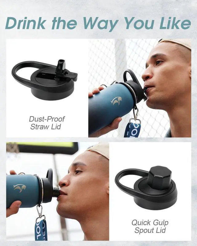 Alt view image 5 of 7 - Coolflask Insulated Water Bottle with Strap, 40 oz Metal Water Flask with Straw & Spout Lids, Stainless Steel Double Wall Vacuum, Keep Cold 48h Hot 24h, Leak Proof & Non-BPA, Prussian Blue