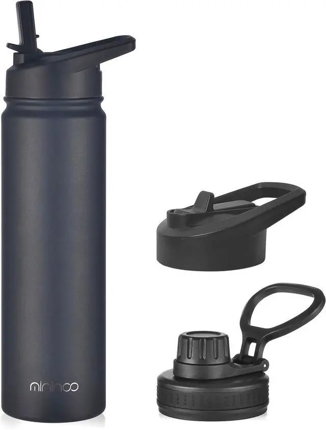 Main image of mininoo Insulated Stainless Steel Water Bottle with Straw and Lid for Sports, 24 oz, Black