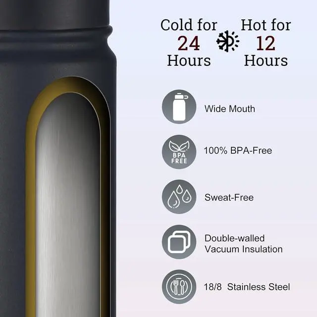 Alt view image 2 of 7 - mininoo Insulated Stainless Steel Water Bottle with Straw and Lid for Sports, 24 oz, Black