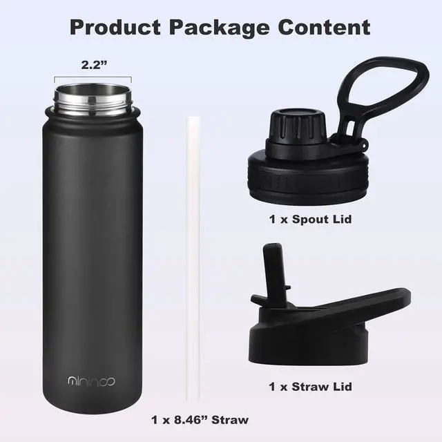 Alt view image 4 of 7 - mininoo Insulated Stainless Steel Water Bottle with Straw and Lid for Sports, 24 oz, Black