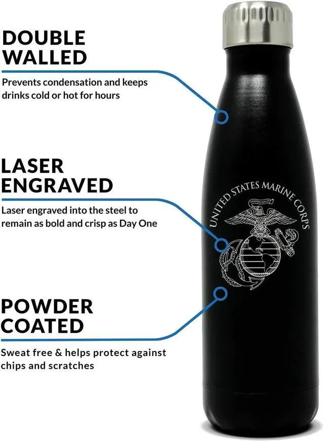 Alt view image 3 of 7 - USMC 17oz Double Wall Vacuum Insulated Stainless Steel Marine Corps Water Bottle - Perfect for PT, Outdoor Sports, Hiking & Cycling - USMC 17oz Water Bottles