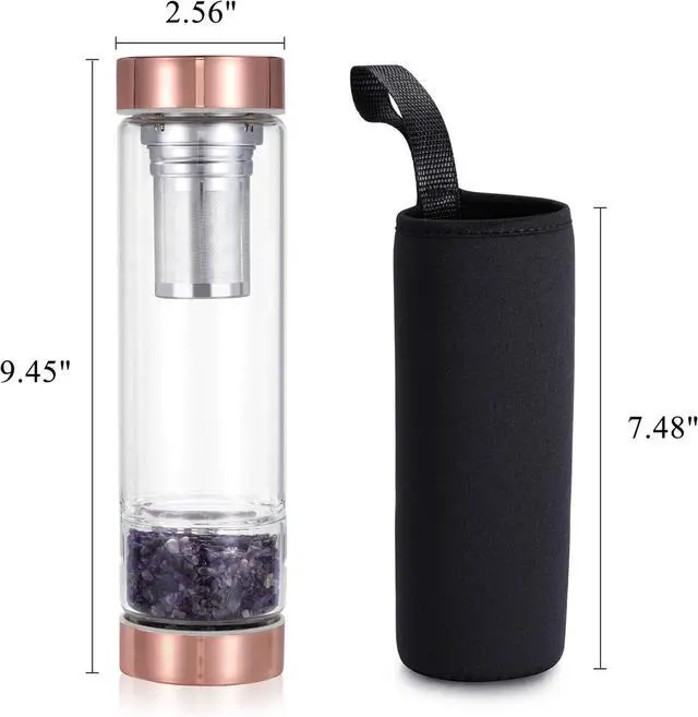 Alt view image 6 of 7 - Yoption Crystal Water Bottle, Natural Amethyst Healing Glass Water Bottle, Includes a Loose Leaf Tea Infuser Bottle and Protective Sleeve