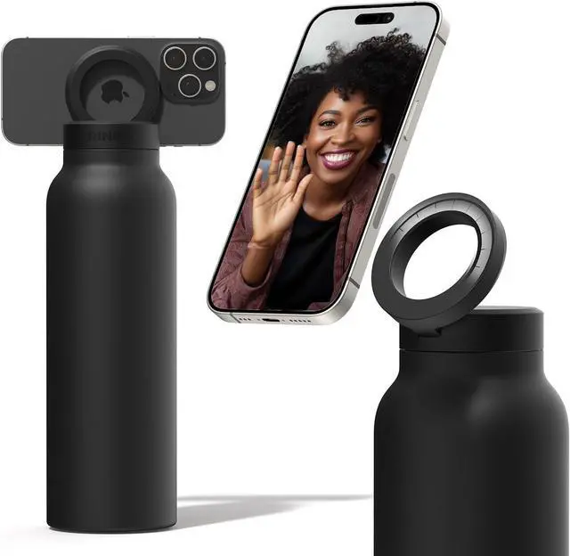 Main image of Ringo Insulated Water Bottle | Compatible MagSafe Water Bottle With Phone Holder | Stainless Steel Water Bottle With Magnetic Phone Tripod Mount | Hot for 12H, Cold for 24H, 360° Rotate - Black 24oz