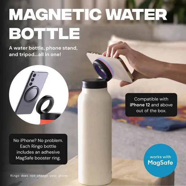 Alt view image 2 of 7 - Ringo Insulated Water Bottle | Compatible MagSafe Water Bottle With Phone Holder | Stainless Steel Water Bottle With Magnetic Phone Tripod Mount | Hot for 12H, Cold for 24H, 360° Rotate - Black 24oz