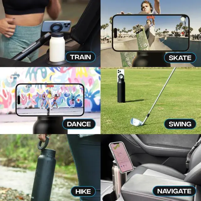 Alt view image 5 of 7 - Ringo Insulated Water Bottle | Compatible MagSafe Water Bottle With Phone Holder | Stainless Steel Water Bottle With Magnetic Phone Tripod Mount | Hot for 12H, Cold for 24H, 360° Rotate - Black 24oz
