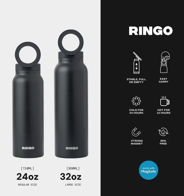 Alt view image 6 of 7 - Ringo Insulated Water Bottle | Compatible MagSafe Water Bottle With Phone Holder | Stainless Steel Water Bottle With Magnetic Phone Tripod Mount | Hot for 12H, Cold for 24H, 360° Rotate - Black 24oz