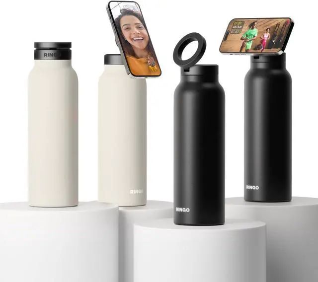 Alt view image 7 of 7 - Ringo Insulated Water Bottle | Compatible MagSafe Water Bottle With Phone Holder | Stainless Steel Water Bottle With Magnetic Phone Tripod Mount | Hot for 12H, Cold for 24H, 360° Rotate - Black 24oz