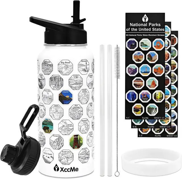 Main image of 63 National Parks Water Bottle with Stickers,32 oz Stainless Steel Insulated Water Bottle with Straws,2 Lids,Leak Proof Metal Water Cup for Hiking,Travel,Sports,Camping,Wide Mouth Bottle