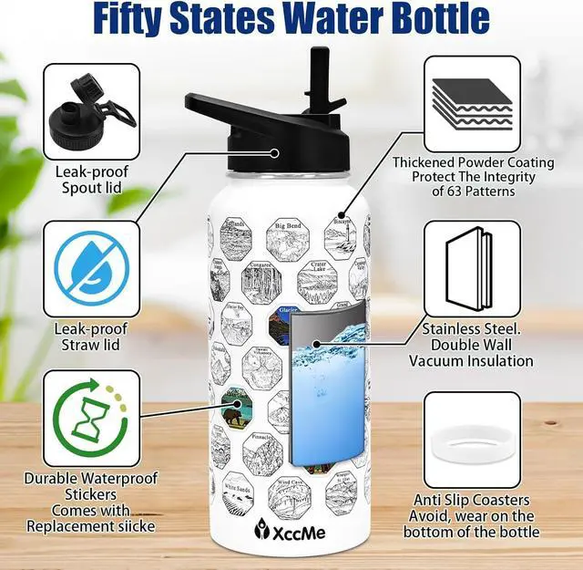 Alt view image 2 of 7 - 63 National Parks Water Bottle with Stickers,32 oz Stainless Steel Insulated Water Bottle with Straws,2 Lids,Leak Proof Metal Water Cup for Hiking,Travel,Sports,Camping,Wide Mouth Bottle