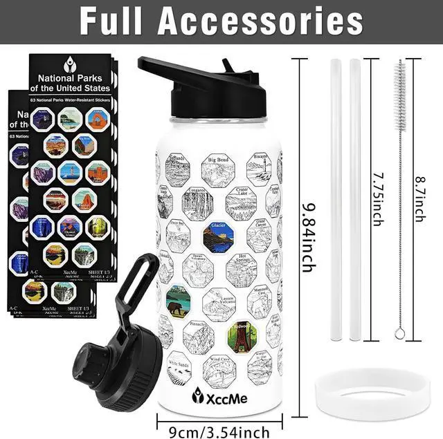 Alt view image 3 of 7 - 63 National Parks Water Bottle with Stickers,32 oz Stainless Steel Insulated Water Bottle with Straws,2 Lids,Leak Proof Metal Water Cup for Hiking,Travel,Sports,Camping,Wide Mouth Bottle