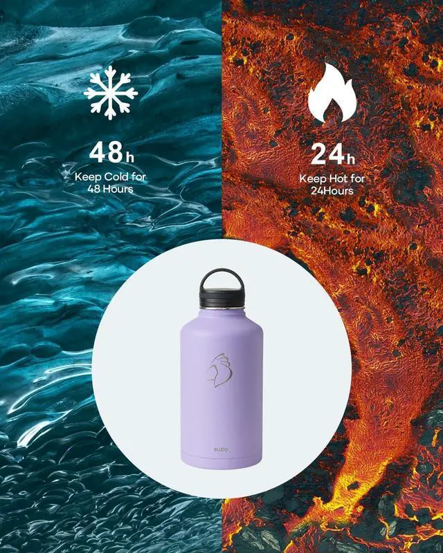 Alt view image 2 of 7 - BUZIO 64 oz Water Bottle Insulated with Straw & 3 lid and Carrying Pouch, Leak Proof Half Gallon Stainless Steel Water Flask Jug, Cold for 48 Hrs Double Vacuum Thermo Canteen, BPA-Free, Purple