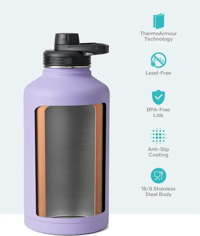 Alt view image 4 of 7 - BUZIO 64 oz Water Bottle Insulated with Straw & 3 lid and Carrying Pouch, Leak Proof Half Gallon Stainless Steel Water Flask Jug, Cold for 48 Hrs Double Vacuum Thermo Canteen, BPA-Free, Purple