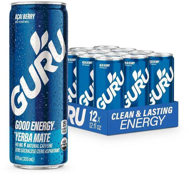 Main image of GURU Yerba Mate Organic Energy Drinks, Clean Energy Drink with Plant Based Natural Caffeine from Green Tea, Low Calorie, Gluten Free, 140mg Caffeine, Healthy Drinks, Acai Berry, 12oz (Pack of 12)