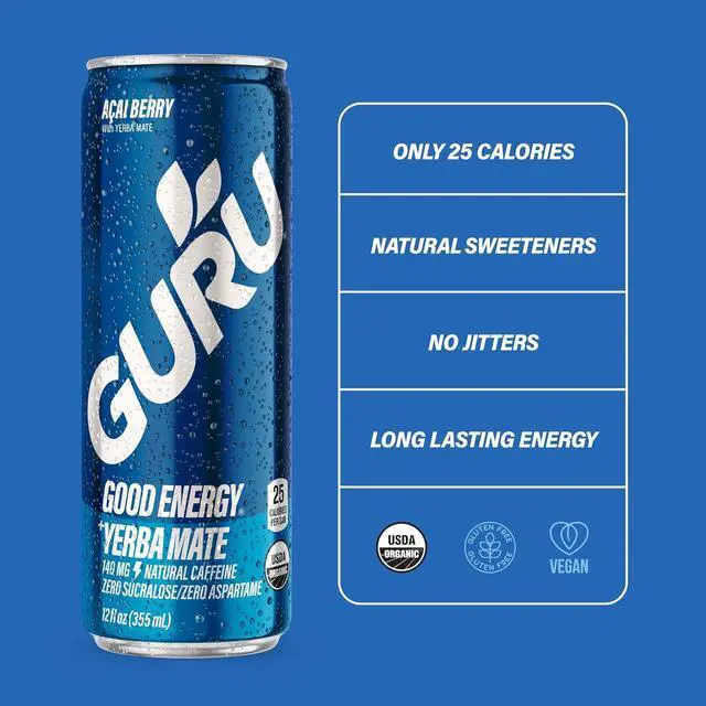 Alt view image 5 of 7 - GURU Yerba Mate Organic Energy Drinks, Clean Energy Drink with Plant Based Natural Caffeine from Green Tea, Low Calorie, Gluten Free, 140mg Caffeine, Healthy Drinks, Acai Berry, 12oz (Pack of 12)