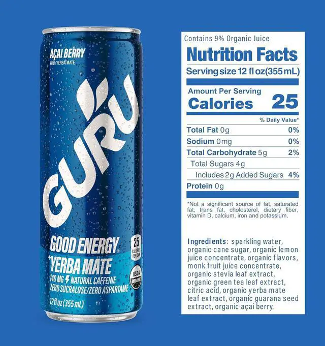 Alt view image 7 of 7 - GURU Yerba Mate Organic Energy Drinks, Clean Energy Drink with Plant Based Natural Caffeine from Green Tea, Low Calorie, Gluten Free, 140mg Caffeine, Healthy Drinks, Acai Berry, 12oz (Pack of 12)