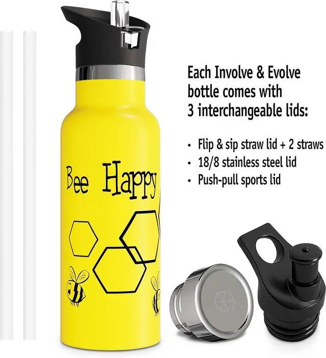 Alt view image 2 of 7 - Kids Water Bottle Easy-Sip Straw Lid Leak-Proof Insulated Stainless Steel Thermos Perfect for School & Pickleball 3 Lids BPA-Free Keeps Drinks Cold for 24 Hours