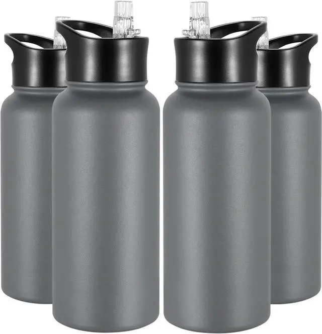 Main image of 32 oz Insulated Water Bottle Bulk 4 Pack, Stainless Steel Sports Water Bottles with Straw Lid & Wide Mouth Lids, Double Walled Vacuum, Leak Proof, Gray