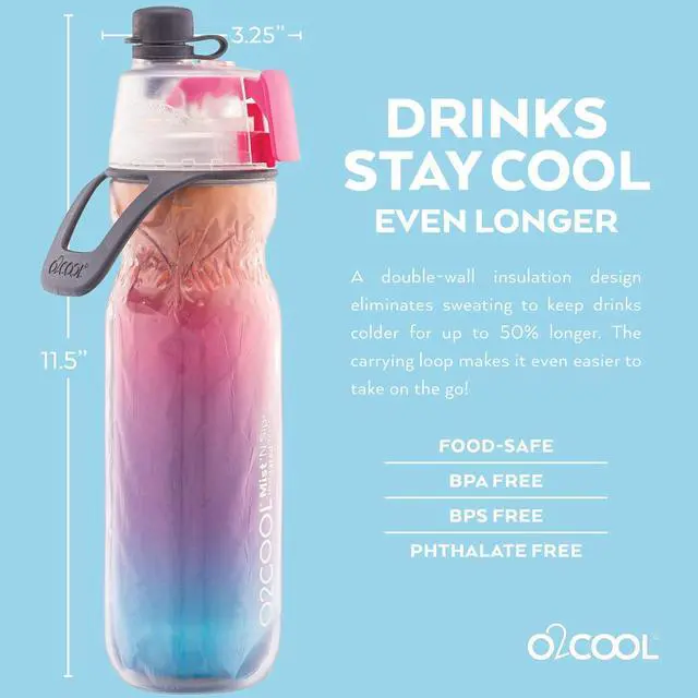 Alt view image 5 of 7 - O2COOL Arctic Squeeze Insulated Mist 'N Sip Water Bottle | 2 Pack- 20 oz | BPA Free, 2-in-1 Mist and Sip Function w/No Leak Pull Top Spout (Ras Ombre/Tropical)