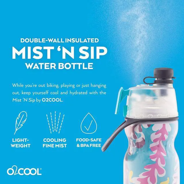 Alt view image 7 of 7 - O2COOL Arctic Squeeze Insulated Mist 'N Sip Water Bottle | 2 Pack- 20 oz | BPA Free, 2-in-1 Mist and Sip Function w/No Leak Pull Top Spout (Ras Ombre/Tropical)