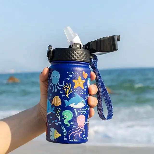 Alt view image 7 of 7 - GOPPUS Kids Water Bottle (Straw Lid) - 14 Oz Stainless Steel Travel Bottle, Double Wall Vacuum Leak Proof Kids Cup for School Boys Girls,Under the Sea