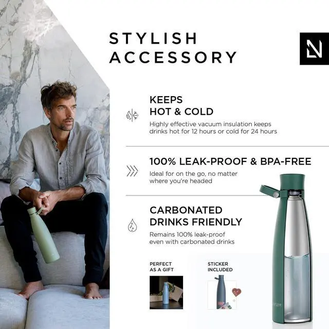 Alt view image 2 of 7 - LARS NYSØM Stainless Steel Insulated Water Bottle 25oz 34oz | Insulated Thermo Flask for Hot and Cold Beverages | Leakproof Drinking Bottle (Pine Green, 750ml)