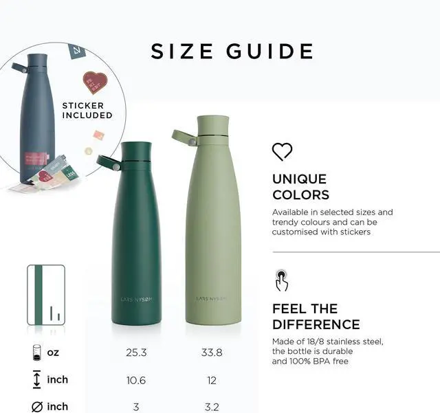 Alt view image 4 of 7 - LARS NYSØM Stainless Steel Insulated Water Bottle 25oz 34oz | Insulated Thermo Flask for Hot and Cold Beverages | Leakproof Drinking Bottle (Pine Green, 750ml)
