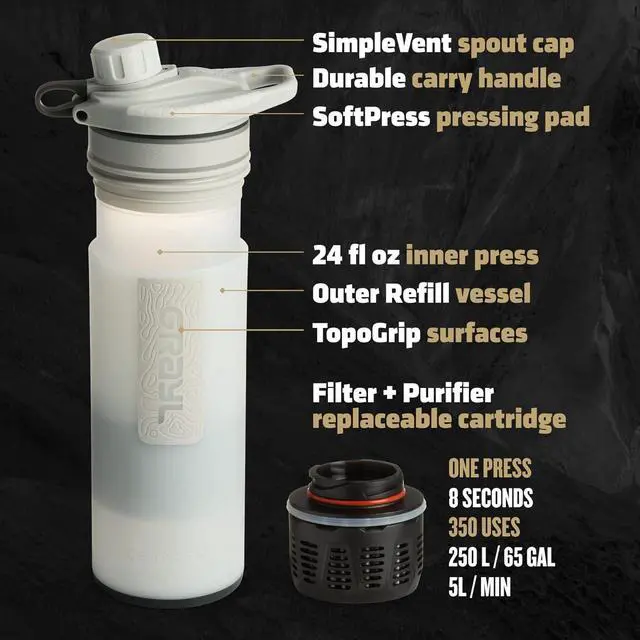Alt view image 3 of 7 - GRAYL GeoPress 24 oz Water Purifier Bottle - Filter for Hiking, Camping, Survival, Travel (Peak White)