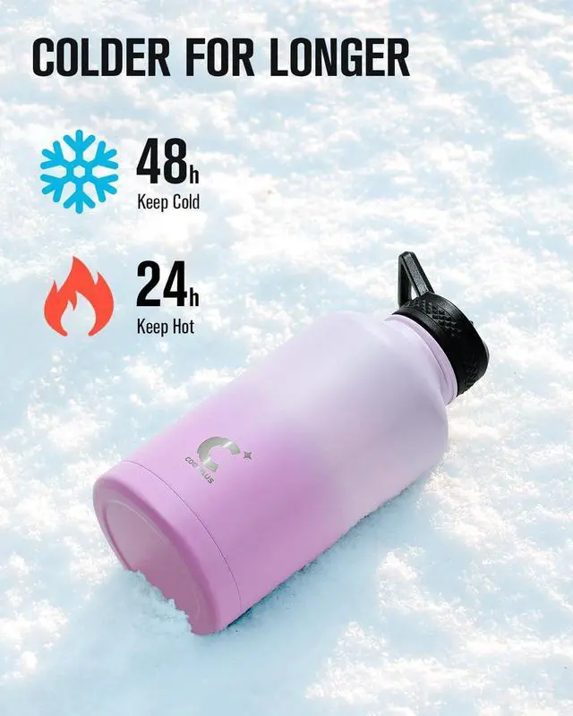 Alt view image 2 of 7 - Half Gallon Water Bottle With Straw Lid, Coolplus 64 oz Insulated Stainless Steel Water Jug Metal Double-Walled Vacuum Large Flask With Carry Sleeve Leakproof, Keep Cold 48 Hrs Hot 24hrs, Purple