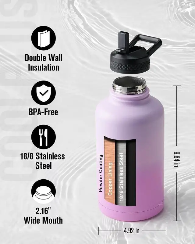 Alt view image 3 of 7 - Half Gallon Water Bottle With Straw Lid, Coolplus 64 oz Insulated Stainless Steel Water Jug Metal Double-Walled Vacuum Large Flask With Carry Sleeve Leakproof, Keep Cold 48 Hrs Hot 24hrs, Purple