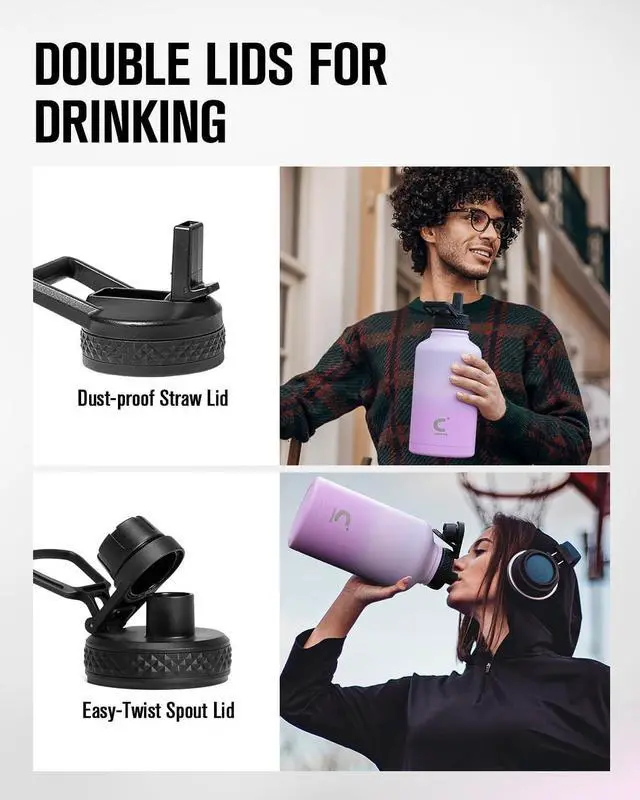 Alt view image 5 of 7 - Half Gallon Water Bottle With Straw Lid, Coolplus 64 oz Insulated Stainless Steel Water Jug Metal Double-Walled Vacuum Large Flask With Carry Sleeve Leakproof, Keep Cold 48 Hrs Hot 24hrs, Purple