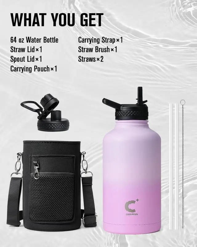 Alt view image 7 of 7 - Half Gallon Water Bottle With Straw Lid, Coolplus 64 oz Insulated Stainless Steel Water Jug Metal Double-Walled Vacuum Large Flask With Carry Sleeve Leakproof, Keep Cold 48 Hrs Hot 24hrs, Purple