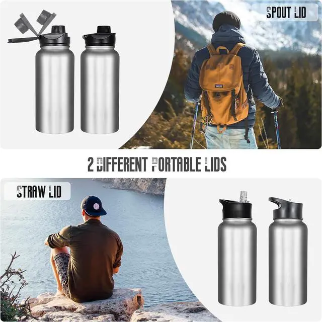 Alt view image 3 of 7 - 32 Oz Stainless Steel Insulated Water Bottle (4 pk), Leak Proof, Wide Mouth Lids, Double Walled Vacuum, BPA Free, Sport Bottles for Gym, Travel, Running, Hiking