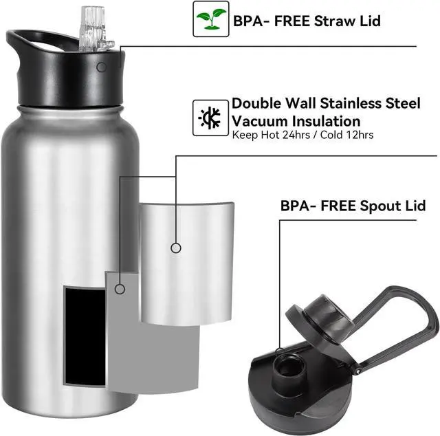 Alt view image 4 of 7 - 32 Oz Stainless Steel Insulated Water Bottle (4 pk), Leak Proof, Wide Mouth Lids, Double Walled Vacuum, BPA Free, Sport Bottles for Gym, Travel, Running, Hiking