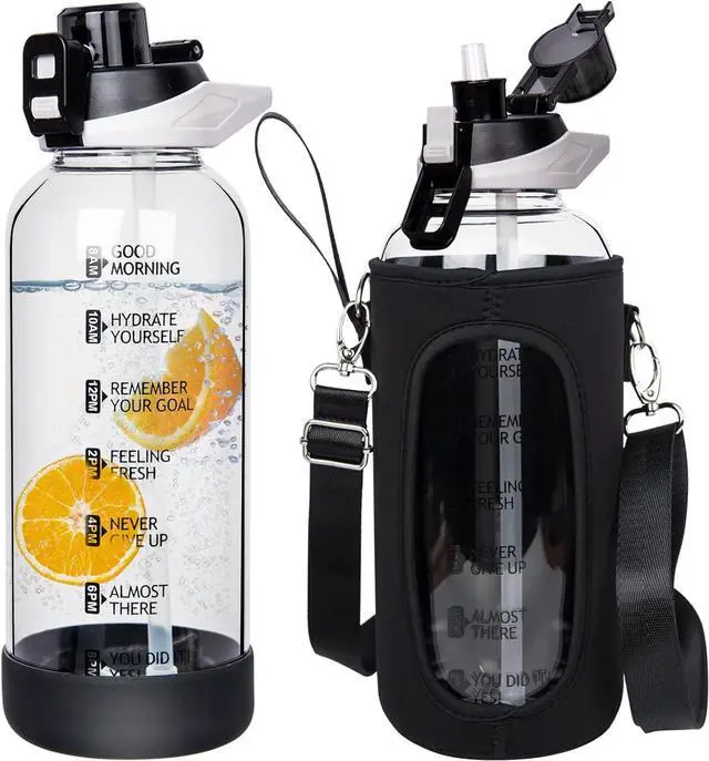 Main image of 48 oz Large Sports Glass Water Bottle with Straw & Time Marker, Motivational Daily Glass Drinking Bottle with Strap for Fruit Infused Water, Smoothie, Coffee