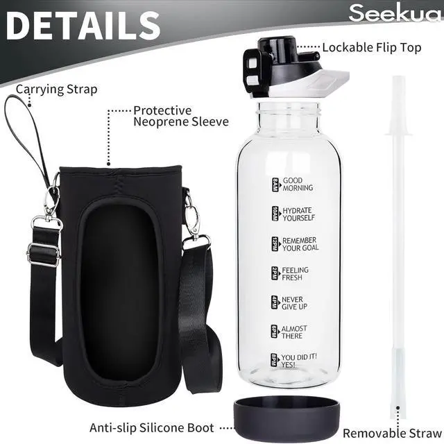 Alt view image 3 of 7 - 48 oz Large Sports Glass Water Bottle with Straw & Time Marker, Motivational Daily Glass Drinking Bottle with Strap for Fruit Infused Water, Smoothie, Coffee