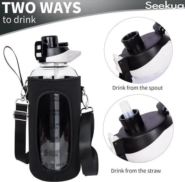 Alt view image 4 of 7 - 48 oz Large Sports Glass Water Bottle with Straw & Time Marker, Motivational Daily Glass Drinking Bottle with Strap for Fruit Infused Water, Smoothie, Coffee