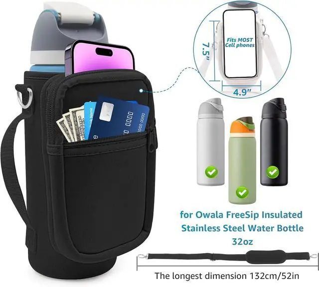 Alt view image 2 of 7 - for Owala FreeSip Insulated Stainless Steel Water Bottle Cup Holder Cover Carrier Sling Bag with Strap, Pouch Pocket for Phone/Accessories, add Handle for Owala 32oz(Black)