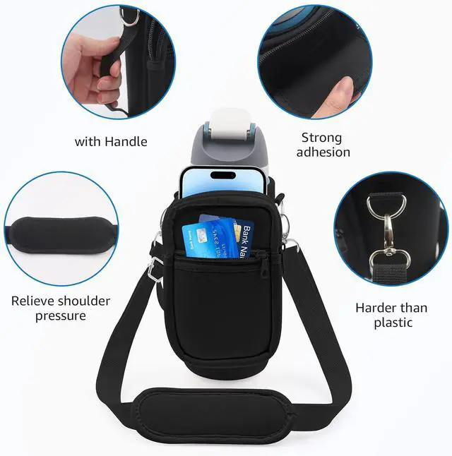 Alt view image 5 of 7 - for Owala FreeSip Insulated Stainless Steel Water Bottle Cup Holder Cover Carrier Sling Bag with Strap, Pouch Pocket for Phone/Accessories, add Handle for Owala 32oz(Black)