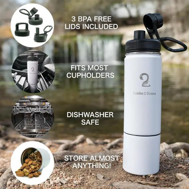 Alt view image 5 of 7 - Insulated Water Bottle with Storage - Stainless Water Bottle, 3 Lid Types BPA Free, Leak & Spill Proof Travel Bottle for Kids & Adults - Double Wall Tumbler Perfect for Gym, Hiking & School