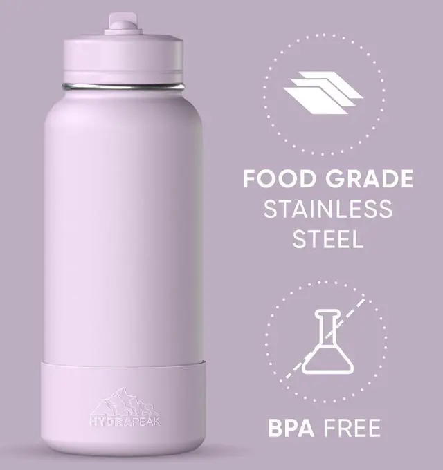 Alt view image 4 of 7 - Hydrapeak 32oz Sport Insulated Water Bottle with Straw or Chug Lid, Leak & Spill Proof, Keeps Drinks Cold for 24 Hours, Hot for 12 Hours, Premium Stainless Steel Water Bottles (32oz, Blush)