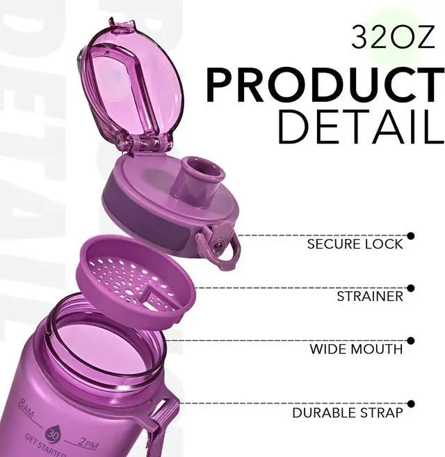 Alt view image 2 of 7 - 32oz Motivational Water Bottles with Time Marker & Fruit Strainer, Single Color Water Bottle with Times to Drink, Leakproof & BPA Free, Reusable Plastic Bottle with Strap (No Straw)